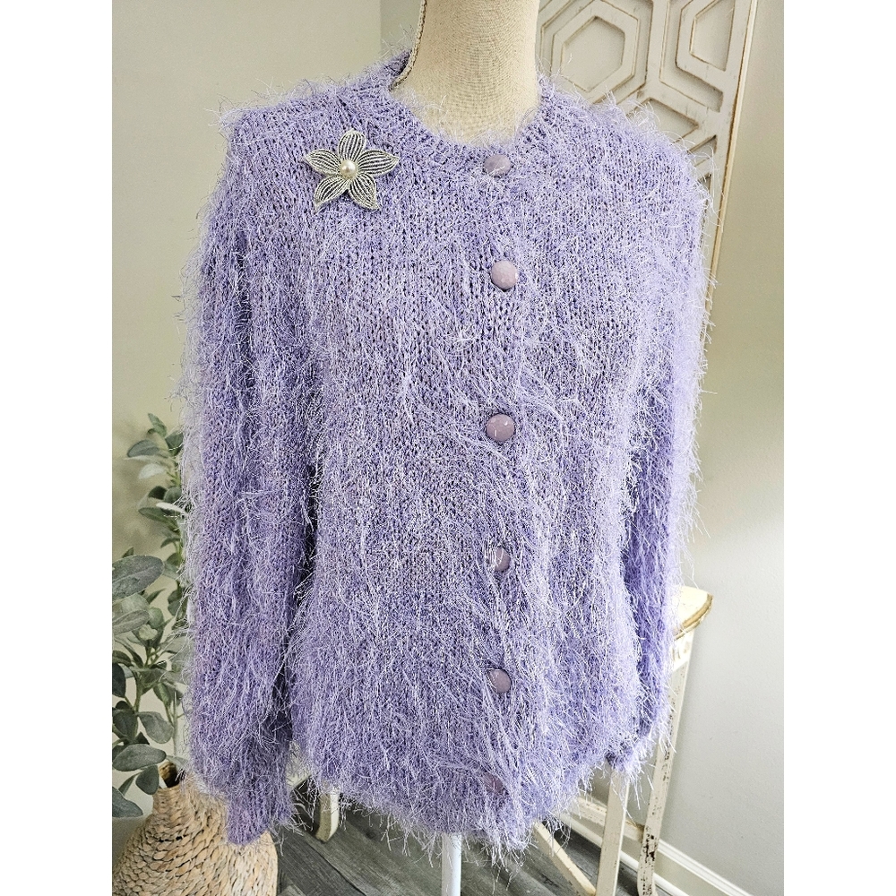 Made in Italy Hand Made Cozy Eyelash Lilac Puffed Sleeve Cardigan Size Medium